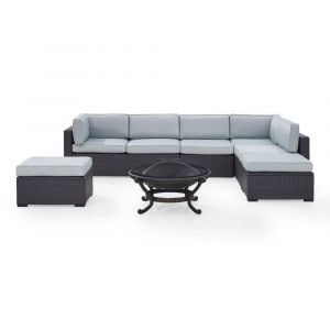 Crosley Furniture - Biscayne 6Pc  Outdoor Wicker Sectional Set With Fire Pit in Mist - Two Loveseats, One Armless Chair, Two Ottomans, Ashland Firepit - KO70120BR-MI