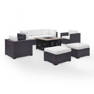 Crosley Furniture - Biscayne 7 Person Outdoor Wicker Seating Set in White - One Loveseat, One Corner Chair, Two Arm Chairs, Two Ottomans, Tucson Firetable - KO70116BR-WH