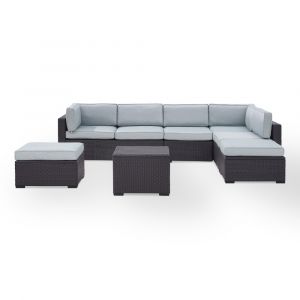 Crosley Furniture - Biscayne 6Pc Outdoor Wicker Sectional Set in Mist - Two Loveseats, One Armless Chair, Coffee Table, Two Ottomans - KO70114BR-MI
