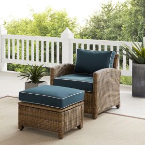 Crosley Furniture - Bradenton 2Pc Outdoor Wicker Armchair Set Navy/ Weathered Brown - Armchair & Ottoman - KO70181WB-NV
