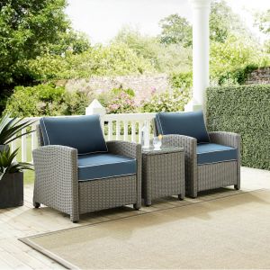 Crosley Furniture - Bradenton 3Pc Outdoor Wicker Armchair Set Navy/Gray - Side Table & 2 Armchairs - KO70052GY-NV_CLOSEOUT