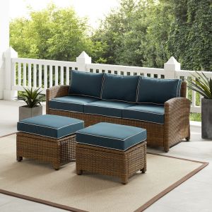 Crosley Furniture - Bradenton 3Pc Outdoor Wicker Sofa Set Navy/Weathered Brown - Sofa & 2 Ottomans - KO70186WB-NV