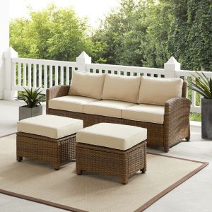 Crosley Furniture - Bradenton 3Pc Outdoor Wicker Sofa Set Sand/Weathered Brown - Sofa & 2 Ottomans - KO70186WB-SA