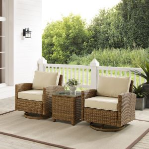Crosley Furniture - Bradenton 3Pc Outdoor Wicker Swivel Rocker Chair Set Sand/Weathered Brown - Side Table & 2 Swivel Rockers - KO70424WB-SA