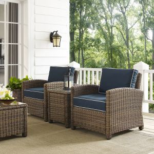 Crosley Furniture - Bradenton 3-Piece Outdoor Wicker Conversation Set with Navy Cushions - Two Arm Chairs & Side Table - KO70052WB-NV