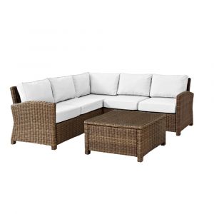 Crosley Furniture - Bradenton 4Pc Outdoor Sectional Set - Sunbrella White/Weathered Brown - Right Corner Loveseat, Left Corner Loveseat, Corner Chair, & Sectional Glass Top Coffee Table - KO70019WB-WH