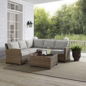 Crosley Furniture - Bradenton 4Pc Outdoor Wicker Sectional Set Gray/Weathered Brown - Right Corner Loveseat, Left Corner Loveseat, Corner Chair, & Sectional Glass Top Coffee Table - KO70019WB-GY