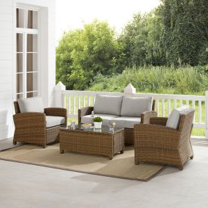 Crosley Furniture - Bradenton 4Pc Outdoor Wicker Conversation Set Gray/Weathered Brown - Loveseat, Coffee Table, & 2 Arm Chairs - KO70024WB-GY