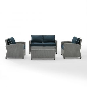 Crosley Furniture - Bradenton 4Pc Outdoor Wicker Conversation Set Navy/Gray - Loveseat, Coffee Table, & 2 Arm Chairs - KO70024GY-NV
