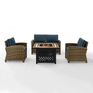 Crosley Furniture - Bradenton 4 Piece Outdoor Wicker Conversation Set With Fire Table Weathered Brown/Navy - Loveseat, 2 Arm Chairs, Fire Table - KO70160-NV