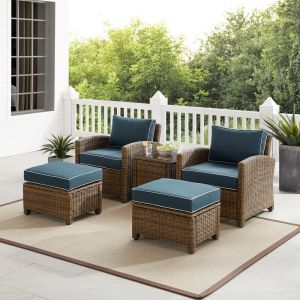 Crosley Furniture - Bradenton 5Pc Outdoor Wicker Armchair Set Navy/ Weathered Brown - Side Table, 2 Arm Chairs & 2 Ottomans - KO70182WB-NV