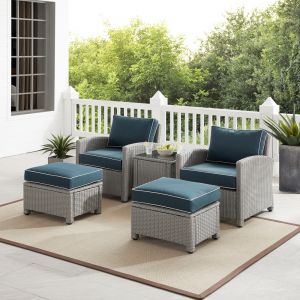 Crosley Furniture - Bradenton 5Pc Outdoor Wicker Armchair Set Navy/Gray - Side Table, 2 Arm Chairs & 2 Ottomans - KO70182GY-NV