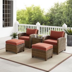 Crosley Furniture - Bradenton 5Pc Outdoor Wicker Armchair Set Sangria/ Weathered Brown - Side Table, 2 Arm Chairs & 2 Ottomans - KO70182WB-SG