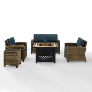 Crosley Furniture - Bradenton 5 Piece Outdoor Wicker Conversation Set With Fire Table Weathered Brown/Navy - Loveseat, 2 Arm Chairs, Side Table, Fire Table - KO70162-NV