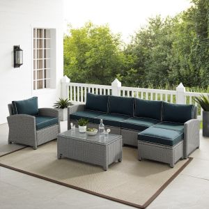 Crosley Furniture - Bradenton 5Pc Outdoor Wicker Sectional Set Navy-Gray - Left Loveseat, Right Loveseat, Armchair, Coffee Table, and Ottoman - KO70188GY-NV