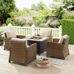 Crosley Furniture - Bradenton 5Pc Outdoor Wicker Conversation Set W/Fire Table Sand/Weathered Brown - Tucson Fire Table & 4 Armchairs - KO70207WB-SA