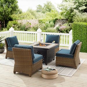 Crosley Furniture - Bradenton 5Pc Outdoor Wicker Conversation Set W/Fire Table Navy/Weathered Brown - Tucson Fire Table & 4 Armless Chairs - KO70206WB-NV