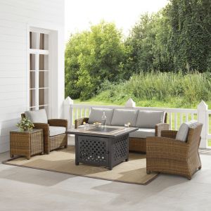 Crosley Furniture - Bradenton 5Pc Outdoor Wicker Sofa Set W/Fire Table Gray/Weathered Brown - Sofa, Side Table, Tucson Fire Table, & 2 Armchairs - KO70163-GY