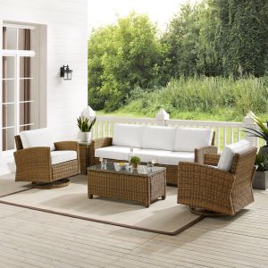 Crosley Furniture - Bradenton 5Pc Swivel Rocker And Sofa Set - Sunbrella White/Weathered Brown - Sofa, Coffee Table, Side Table, & 2 Swivel Rockers - KO70425WB-WH