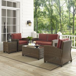 Crosley Furniture - Bradenton 5-Piece Outdoor Wicker Conversation Set with Sangria Cushions - Loveseat, Two Arm Chairs, Side Table & Glass Top Table - KO70050WB-SG