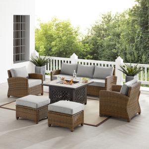 Crosley Furniture - Bradenton 6Pc Outdoor Wicker Sofa Set W/Fire Table Gray/Weathered Brown - Tucson Fire Table, Sofa, 2 Armchairs & 2 Ottomans - KO70184WB-GY