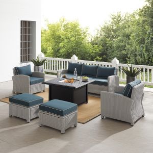 Crosley Furniture - Bradenton 6Pc Outdoor Wicker Sofa Set W/Fire Table Navy/Gray - Sofa, Dante Fire Table, 2 Armchairs, & 2 Ottomans - KO70184GY-NV