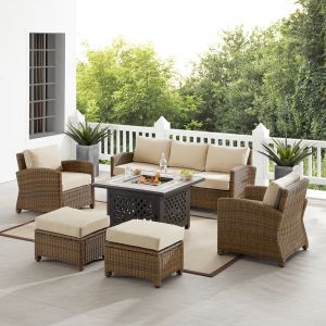 Crosley Furniture - Bradenton 6Pc Outdoor Wicker Sofa Set W/Fire Table Sand/Weathered Brown - Tucson Fire Table, Sofa, 2 Armchairs & 2 Ottomans - KO70184WB-SA