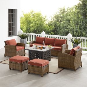 Crosley Furniture - Bradenton 6Pc Outdoor Wicker Sofa Set W/Fire Table Sangria/Weathered Brown - Tucson Fire Table, Sofa, 2 Armchairs & 2 Ottomans - KO70184WB-SG