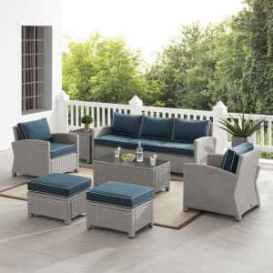 Crosley Furniture - Bradenton 7Pc Outdoor Wicker Sofa Set Navy/Gray - Sofa, Coffee Table, Side Table, 2 Armchairs & 2 Ottomans - KO70185GY-NV
