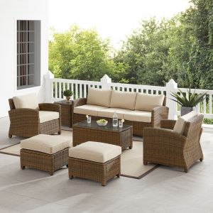Crosley Furniture - Bradenton 7Pc Outdoor Wicker Sofa Set Sand/Weathered Brown - Sofa, Coffee Table, Side Table, 2 Armchairs & 2 Ottomans - KO70185WB-SA