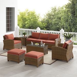 Crosley Furniture - Bradenton 7Pc Outdoor Wicker Sofa Set Sangria/Weathered Brown - Sofa, Coffee Table, Side Table, 2 Armchairs & 2 Ottomans - KO70185WB-SG
