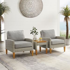 Crosley Furniture - Capella 3Pc Outdoor Wicker Chair Set Gray/Acorn - Side Table & 2 Armchairs - KO70195GY-AC_CLOSEOUT