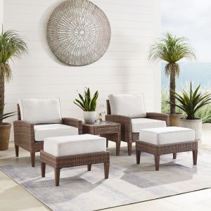 Crosley Furniture - Capella 5Pc Outdoor Wicker Chair Set Creme/Brown - Side Table, 2 Armchairs, & 2 Ottomans - KO70196BR-CR