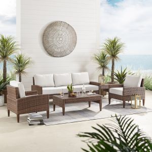 Crosley Furniture - Capella 5Pc Outdoor Wicker Sofa Set Creme/Brown - Sofa, Coffee Table, Side Table, & 2 Armchairs - KO70197BR-CR_CLOSEOUT