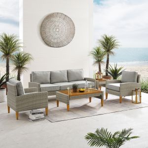 Crosley Furniture - Capella 5Pc Outdoor Wicker Sofa Set Gray/Acorn - Sofa, Coffee Table, Side Table, & 2 Armchairs - KO70197GY-AC
