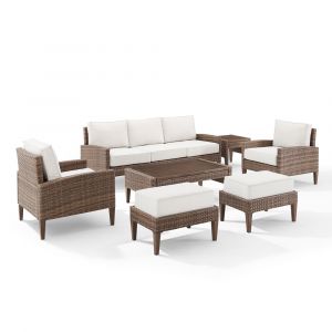 Crosley Furniture - Capella 7Pc Outdoor Wicker Sofa Set Creme/Brown - Sofa, Coffee Table, Side Table, 2 Armchairs, & 2 Ottomans - KO70198BR-CR