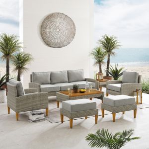 Crosley Furniture - Capella 7Pc Outdoor Wicker Sofa Set Gray/Acorn - Sofa, Coffee Table, Side Table, 2 Armchairs, & 2 Ottomans - KO70198GY-AC