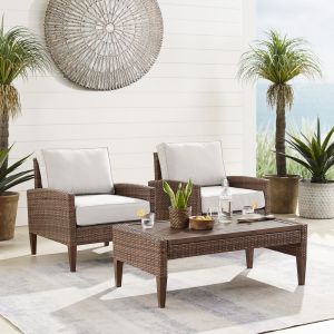 Crosley Furniture - Capella Outdoor Wicker 3Pc Chair Set Creme/Brown - Coffee Table & 2 Armchairs - KO70191BR-CR_CLOSEOUT