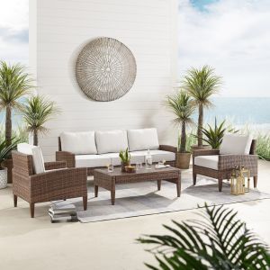 Crosley Furniture - Capella Outdoor Wicker 4Pc Sofa Set Creme/Brown - Coffee Table, Sofa, & 2 Armchairs - KO70192BR-CR_CLOSEOUT
