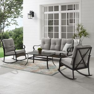 Crosley Furniture - Dahlia 4Pc Outdoor Metal And Wicker Sofa Set Taupe/Matte Black - Sofa, Coffee Table & 2 Rocking Chairs - KO70352MB-TE