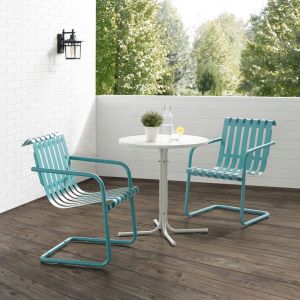 Crosley Furniture - Gracie 3Pc Outdoor Metal Bistro Set Pastel Blue Satin-White Satin - Bistro Table and 2 Armchairs - KO10021BL