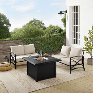 Crosley Furniture - Kaplan 3Pc Outdoor Metal Conversation Set W-Fire Table Oatmeal-Oil Rubbed Bronze - Dante Fire Table and 2 Loveseats - KO60038BZ-OL