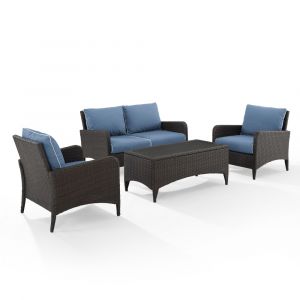 Crosley Furniture - Kiawah 4 Piece Outdoor Wicker Conversation Set Blue/Brown - Loveseat, 2 Arm Chairs & Coffee Table - KO70028BR-BL