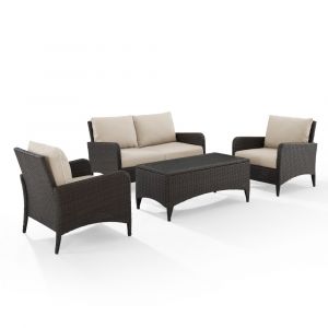 Crosley Furniture - Kiawah 4 Piece Outdoor Wicker Conversation Set Sand/Brown - Loveseat, 2 Arm Chairs & Coffee Table - KO70028BR-SA