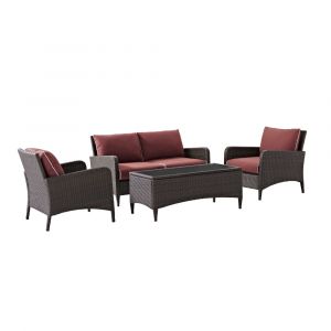 Crosley Furniture - Kiawah 4 Piece Outdoor Wicker Conversation Set Sangria/Brown - Loveseat, 2 Arm Chairs & Coffee Table - KO70028BR-SG