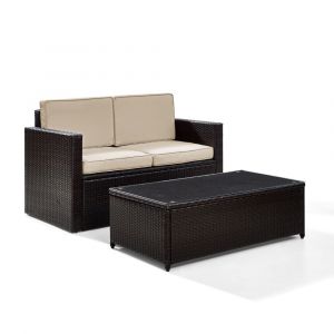 Crosley Furniture - Palm Harbor 2 Piece Outdoor Wicker Seating Set With Sand Cushions - Loveseat & Glass Top Table - KO70002BR-SA
