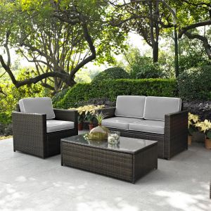 Crosley Furniture - Palm Harbor 3 Piece Outdoor Wicker Seating Set With Gray Cushions - Loveseat, Chair & Glass Top Table - KO70006BR-GY