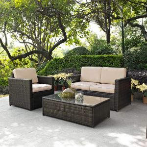 Crosley Furniture - Palm Harbor 3 Piece Outdoor Wicker Seating Set With Sand Cushions - Loveseat, Chair & Glass Top Table - KO70006BR-SA_CLOSEOUT