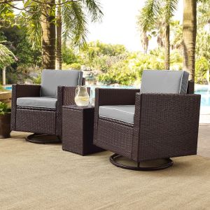 Crosley Furniture - Palm Harbor 3-Piece Outdoor Wicker Conversation Set With Gray Cushions -- Two Swivel Chairs & Side Table - KO70058BR-GY