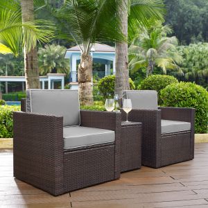 Crosley Furniture - Palm Harbor 3-Piece Outdoor Wicker Conversation Set With Gray Cushions - Two Arm Chairs & Side Table - KO70055BR-GY